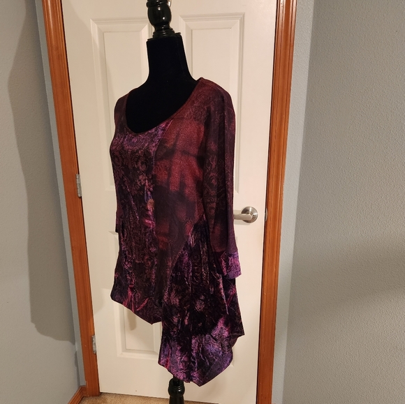 ONE WORLD Purple/Black Velvet Womens Tunic Top Sz: Large Uneven Handkerchief Hem - Picture 1 of 8